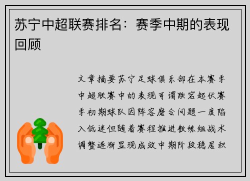 苏宁中超联赛排名：赛季中期的表现回顾
