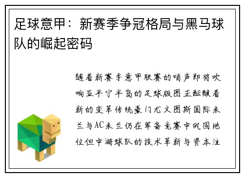 足球意甲：新赛季争冠格局与黑马球队的崛起密码